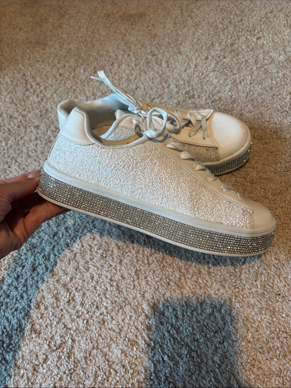 White Women's Rhinestone Platform Sneakers